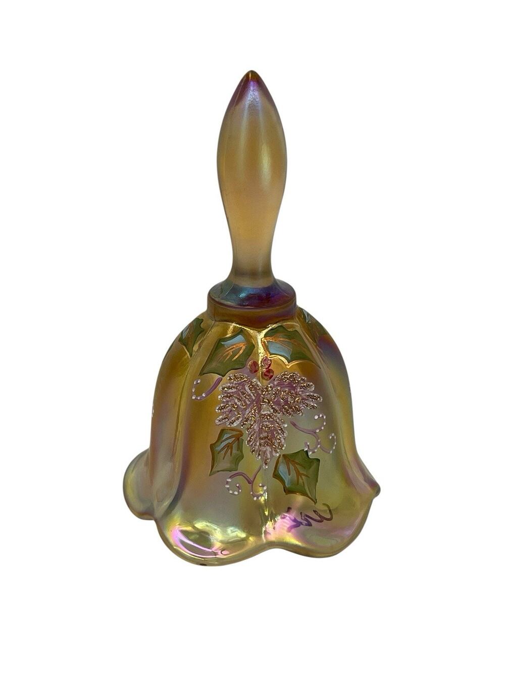 Fenton Hand Painted Golden Glow Carnival Glass Bell Holly Signed
